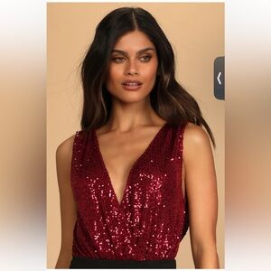 NWT Evening of Wonder Burgundy Sequin Cowl Back Bodysuit, Size L
